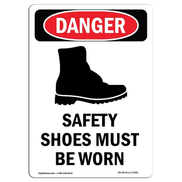 Signmission OSHA Danger Sign, Safety Shoes Must Be Worn, 5in X 3.5in Decal, 3.5" W, 5" H, Portrait OS-DS-D-35-V-1566 - main